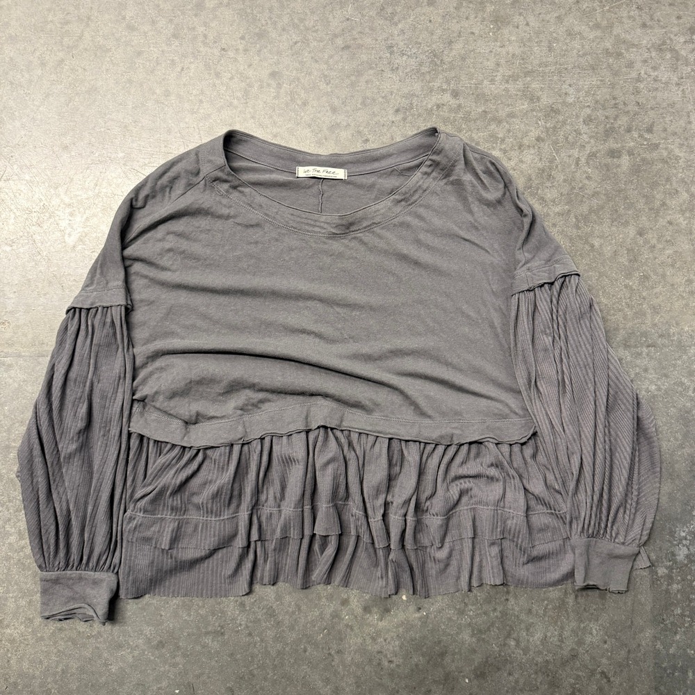 Free People We The Free Grey Ribbed Tiered Peplum Balloon Sleeve Top Small